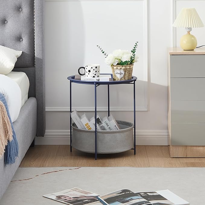VECELO Round Side/End Table with Fabric Storage Basket，Metal Anti-Rust and Waterproof Small Bedside Nightstand with Removable Tray Top for Living Room，Balcony & Laundry，Blue /1pcs with Basket