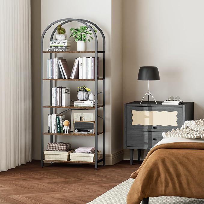 Homhedy 5-Tier Bookshelf Arched Display Racks, Wood and Metal Bookcase, Tall Bookshelf, Industrial Display Standing Shelf Unit, for Home Office, Living Room, Bedroom, Bathroom, Rustic Brown