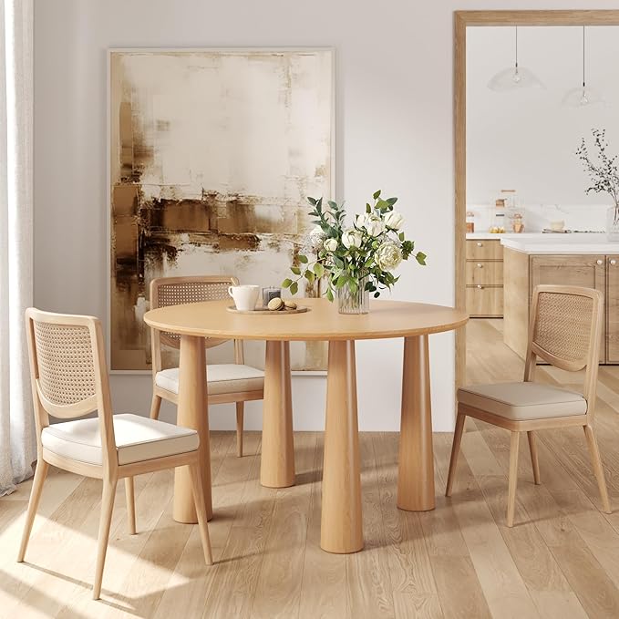 Casaphoria 45" Round Dining Table, Kitchen Table for 6 with Arc-Shaped Edge Top and Cylindrical Legs, Easy Assembly for Living Room, Dining Room, Oak