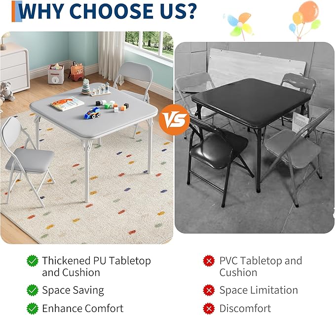 IDEALHOUSE 3 Piece Folding Kids Table and Chairs Set, Children Activity Table and Chairs Set for Dining Room,Daycare,Classrooms