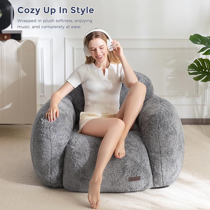 MAXYOYO Bean Bag Chair, Comfy Pebble Shaped Single Bean Bag Sofa for Adults, Stuffed Floor Sofa with Supportive Backrest & Armrests, Modern Faux Fur Accent Chair for Living Room & Bedroom, Grey