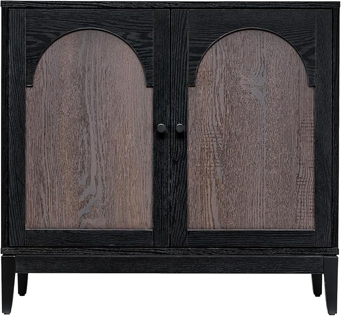 Sango Arch 2-Door Accent Cabinet, Modern Black & Brown Storage Cabinet with Elegant Arched Doors, Adjustable Shelf, Sturdy Wooden Legs, Stylish Furniture for Living Room or Office Room