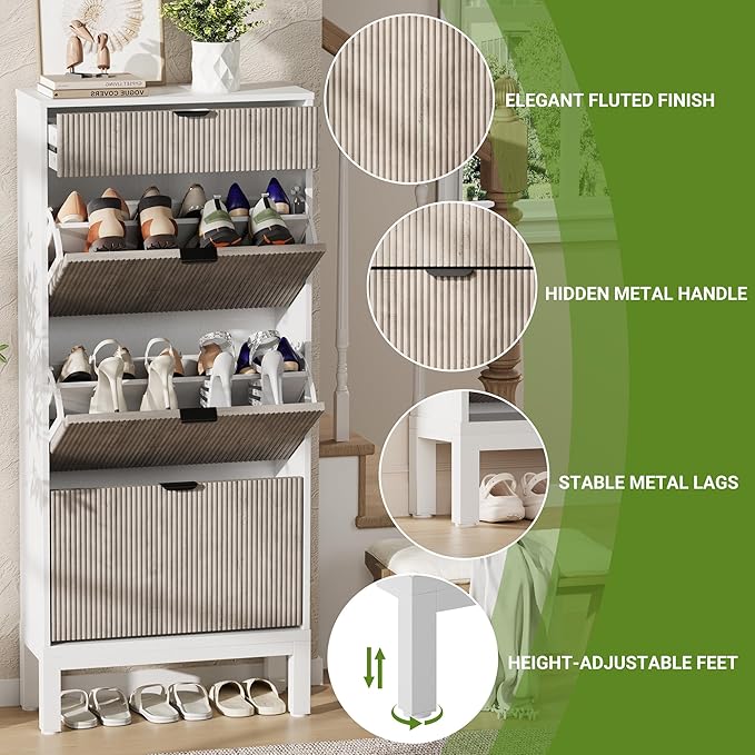 GarveeHome Shoe Cabinet with 3 Flip Doors & 1 Drawer, Entrance Wooden Shoe Rack with Iron Legs, Slim Shoe Storage Cabinet, Modern Fluted Shoe Organizer for Entryway Hallway, White+Grey