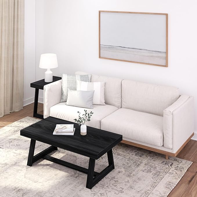 Plank+Beam Classic Rectangular Coffee Table, 48 Inch Farmhouse Coffee Table, Mini Center Tables for Small Spaces, Small Living Space Tea Table, Black Wirebrush