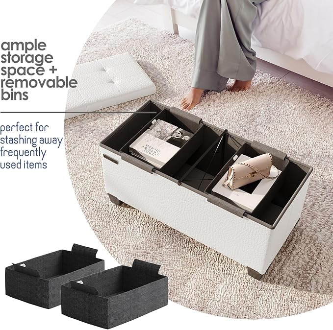 STORAGEBUD Storage Ottoman Bench with Bins, 30-in Storage Bench for Bedroom End of Bed, Folding Foot Rest Ottoman for Living Room Max 660lbs, Faux Leather Ottomans, Cream