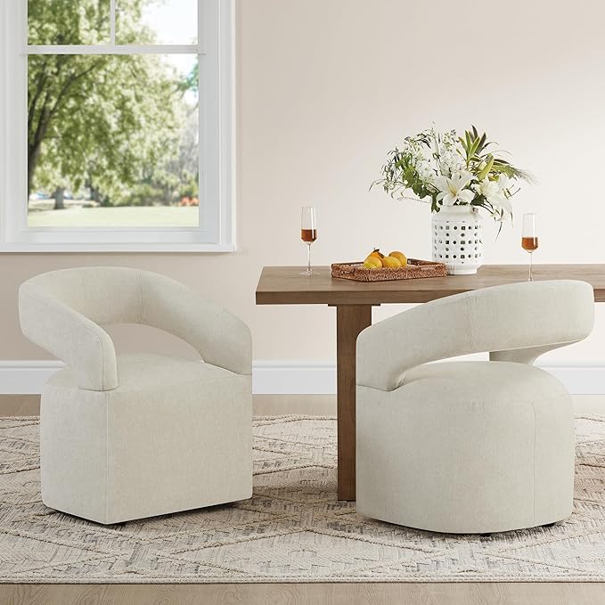 Upholstered Dining Chairs with Removable Casters Barrel Side Armchair with Rollers for Diningroom Bedroom Livingroom Reading Room, Cream Beige, 1PCS