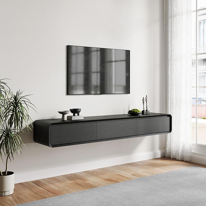 POVISON Fully-Assembled Minimalist Floating TV Stand, Modern Wall-Mounted Entertainment Center with 3 Flip-Down Cabinet Doors, Solid Wood Media Console, 70.87"