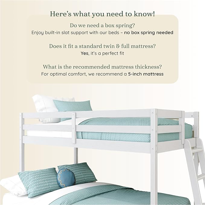 Grain & Grove Bear Twin Over Full Bunk Bed, Low Bunk Bed Frame for Kids, Bunk with Ladder, Guardrail, and Slats, No Box Spring Required, Brushed White