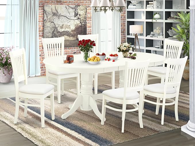 East West Furniture VAVA7-LWH-C 7 Piece Modern Dining Table Set Consist of an Oval Wooden Table with Butterfly Leaf and 6 Linen Fabric Upholstered Dining Chairs, 40x76 Inch, Linen White
