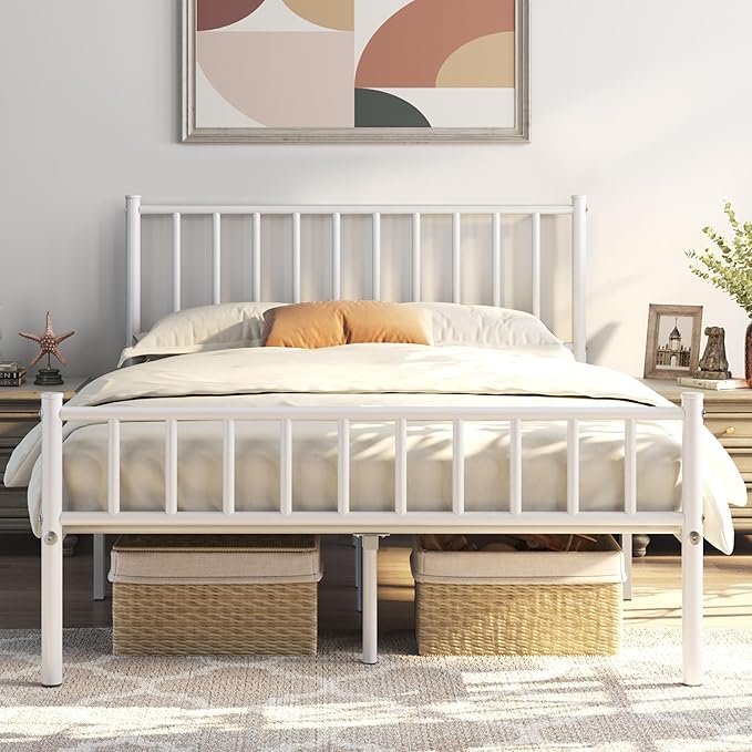 Yaheetech 14 Inch Full Size Bed Frame Metal Platform Bed with Spindle Headboard Footboard/Mattress Foundation/No Box Spring Needed/Underbed Storage Space/Steel Slat Support/Easy Set up, White