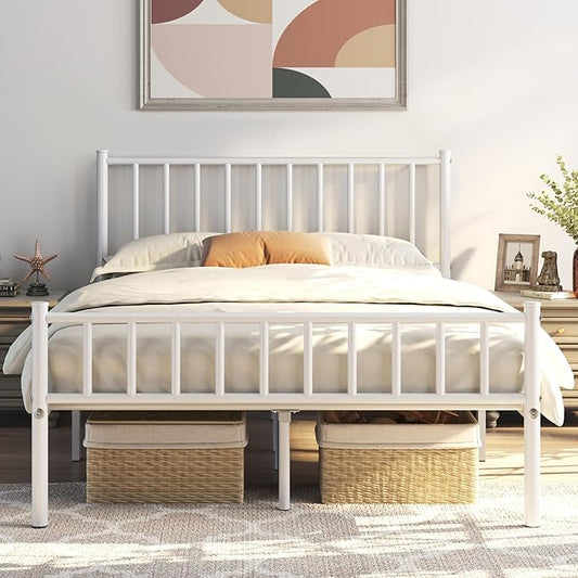 Yaheetech 14 Inch Full Size Bed Frame Metal Platform Bed with Spindle Headboard Footboard/Mattress Foundation/No Box Spring Needed/Underbed Storage Space/Steel Slat Support/Easy Set up, White