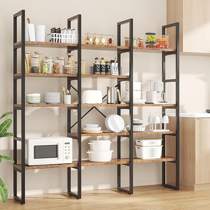 70.86" Modern Bookshelf and Bookcases with 13 Open Display Shelves, Triple Wide 5-Tier Industrial Large Book Shelf with Metal Frame, Tall Etagere Book Case for Home & Office, Rustic Brown