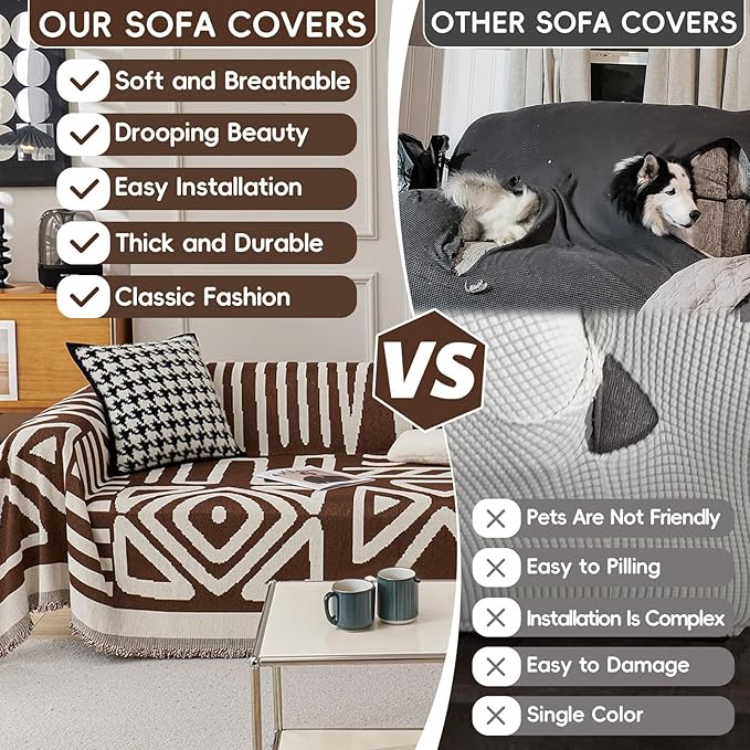 STACYPIK Boho Chenille Sofa Covers, Chocolate Geometric Couch Cover for Sectional, L Shape Couch Protector for 3 Cushion Couch, Non Slip Jacquard Sofa Protector for Loveseat with Tassles-71X118IN