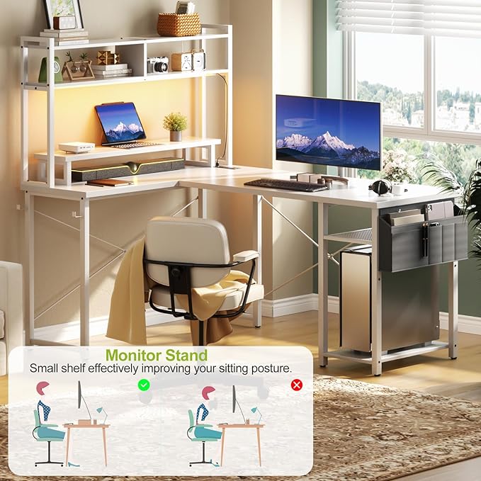 Small L Shaped Desk Gaming Desk with Power Outlets, 48" Reversible L Shaped LED Computer Desk with Monitor Stand & Storage Shelf, Corner Gamer Desk Home Office Desk with Storage Bag, White