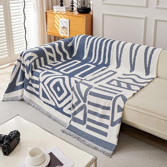 STACYPIK Reversible Boho Blue Beige Couch Cover for 2 Cushion Couch Sofa Cover for Dogs Anti-Scratch Furniture Protector Cover with Tassels for Pet Cat Non-Slip Loveseat Cover for Sectional-71X90IN