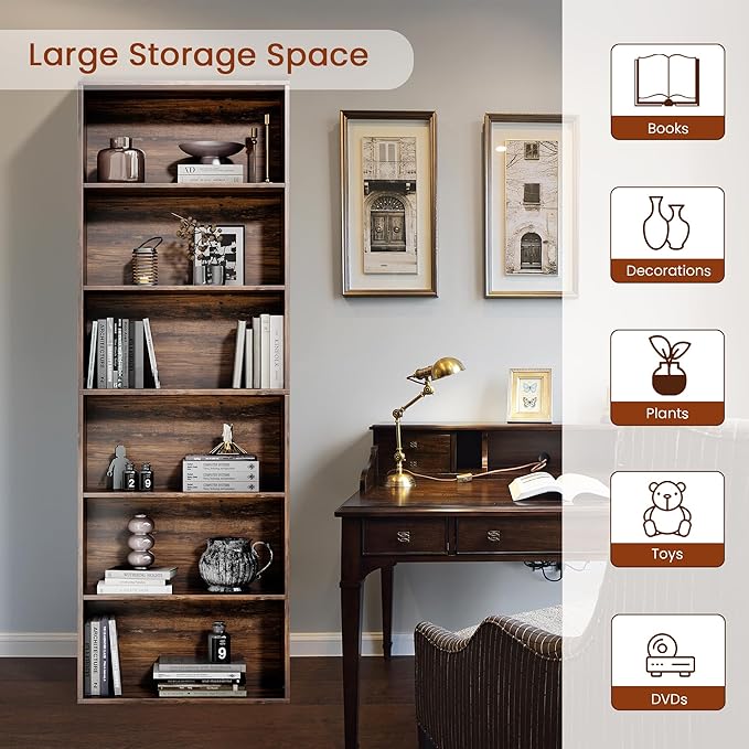 71" Tall Bookcase, 6-Tier Open Display Storage Shelves, Floor Standing Large Book Shelf for Living Room, Home Office, Bed Room, Brown