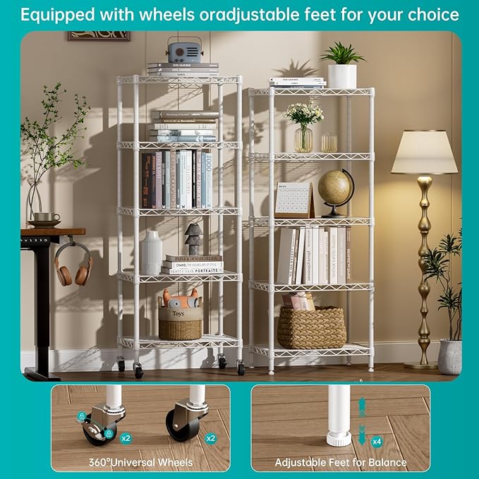 SINGAYE 5 Shelves Storage Shelf Wire Closet Bathroom Organizers Metal Pantry Kitchen Small Garage Shelving Unit Laundry Room Organization Home Narrow Rack Net Basket with Wheels White