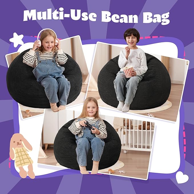 HABUTWAY 2 FT Bean Bag Chair,Giant Bean Bag Chairs,Big Bean Bags with Memory Foam Filled, Large Beanbag Chairs with Soft Corduroy Cover-Black