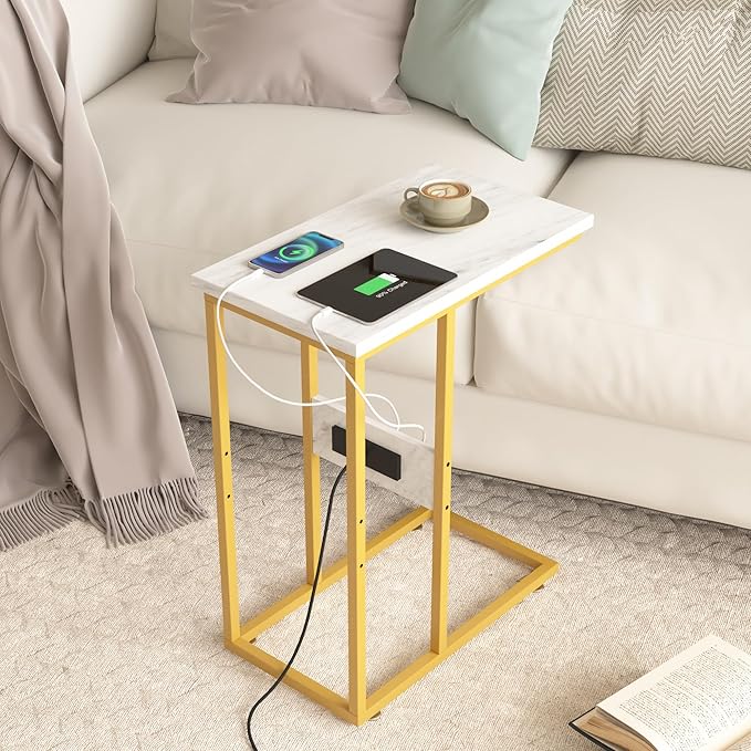 VECELO C Shaped End Side Table with Charging Station & Power Outlets for Couch Sofa/Bed Snack TV Tray with Metal Frame for Living Room Bedroom 2 Set, Gold