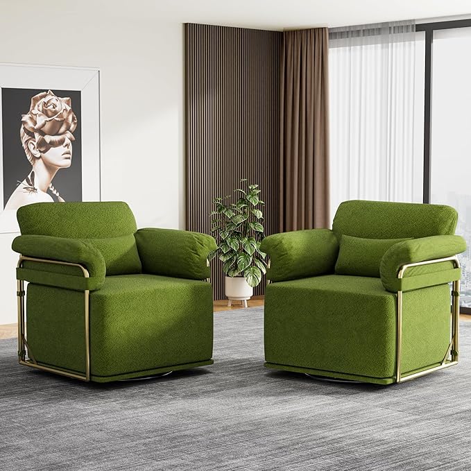KEIKI Modern Comfy Swivel Accent Reading Chair with Waist Pillows, 360°Square Upholstered Barrel Armchair Single Club Lounge Sofa Chairs for Living Room,Bedroom,Office,Green