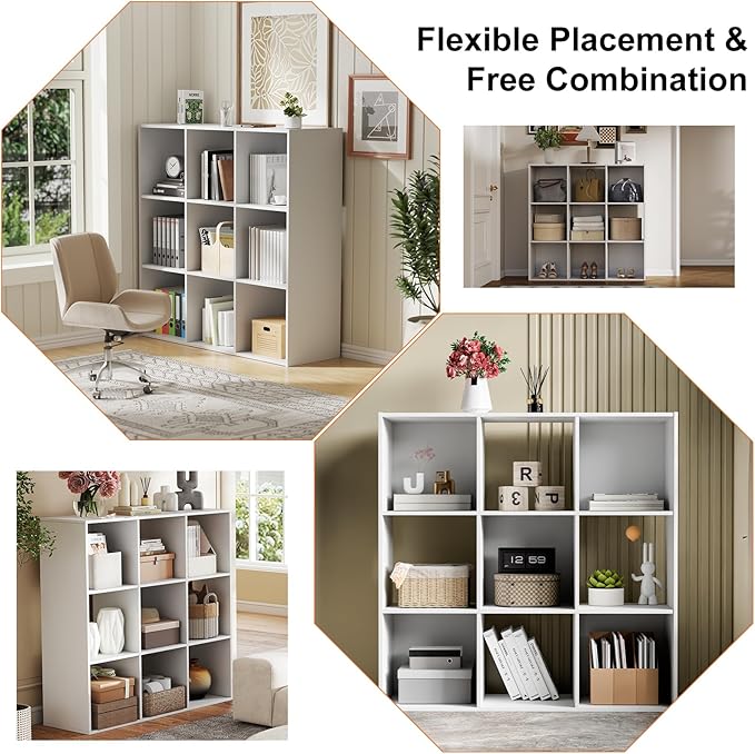 Sweetcrispy 9 Cube Storage Organizer - Open Cube Bookshelf with 5 Removable Back Panels, Display Storage Bookcase for Living Room, Bedroom, Entrance Hall, Home Office，36" L×11.6" W×36" H, White