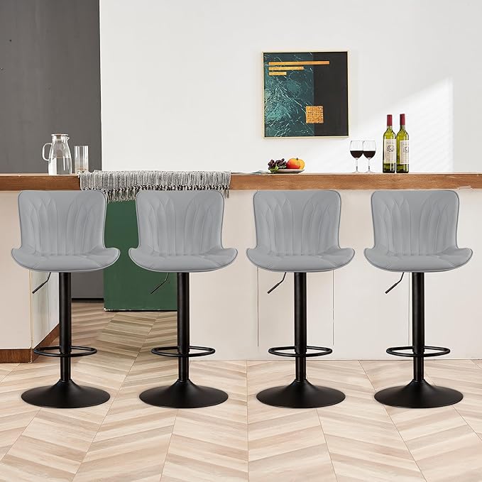YOUNIKE Grey Bar Stools Set of 4 Modern Swivel Counter Height Bar Chair with Back Adjustable Kitchen Island Faux Leather Padded Barstools taburetes de bar Breakfast sillas para barra de cocina 4PCS