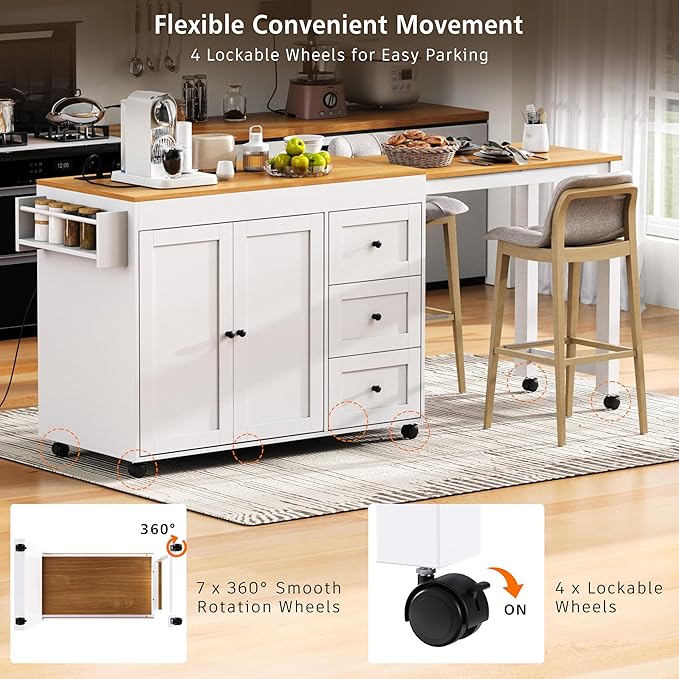 Ball & Cast 74.8" Kitchen Island with Extendable Dining Table,Kitchen Storage Cart W/Power Outlet and 3 Drawers,Rolling Kitchen Island on Wheels W/Spice Rack & 2 Door Cabinet,for Kitchen,White