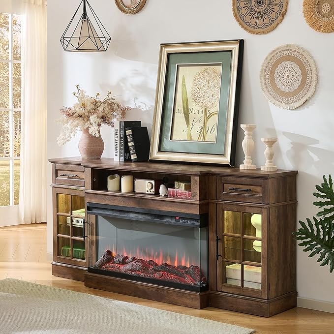 ROCKPOINT 3 Sided Glass 70" Fireplace TV Stand for TVs up to 80",Entertainment Center with Drawers and Glass Door Storage Cabinet for Living Room,36"Electric Fireplace & Adjustable LED Light ,Espresso