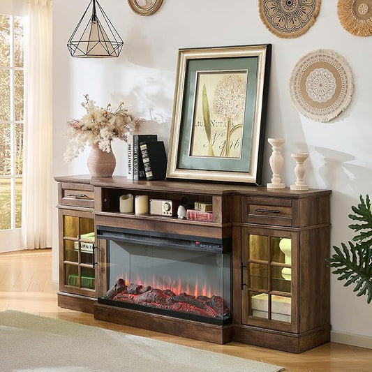 ROCKPOINT 3 Sided Glass 70" Fireplace TV Stand for TVs up to 80",Entertainment Center with Drawers and Glass Door Storage Cabinet for Living Room,36"Electric Fireplace & Adjustable LED Light ,Espresso