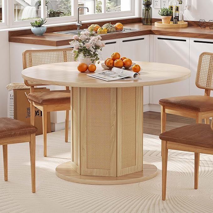 DWVO Round Dining Table for 4-6 People 47 Inch Farmhouse Kitchen Table with Rattan Circular Base Wooden Dinner Table for Dining Room Family Gathering, Natural Oak