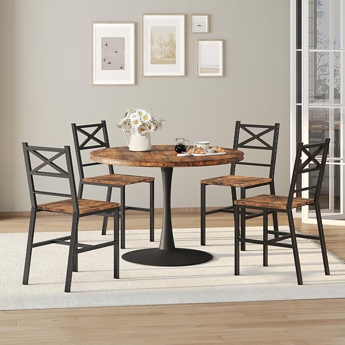 Dining Chair Set of 2, Rustic Wooden Kitchen Chairs with Backrest, Farmhouse Dining Chairs for Kitchen, Industrial Style Chair with Metal Frame, Easy Assembly, Rustic Brown TBHR1001