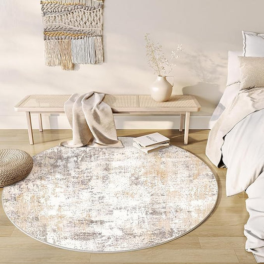 6x6 Washable Round Rug Beige Grey Neutral Abstract Living Room Bedroom Area Rug Non Slip Soft Low Pile Indoor Floor Carpet for Office Dining Room Kitchen Entryway