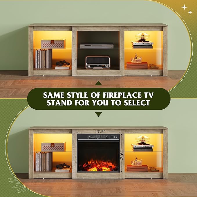 WLIVE 58 Inches Fireplace TV Stand with LED Lights, Modern Entertainment Center with 18'' Electric Fireplace & Adjustable Glass Shelves, Sturdy Media Console for Living Room, Bedroom (Grey Oak)