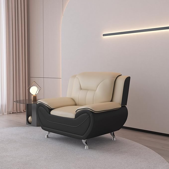 Container Furniture Direct Michael Modern Faux Leather Upholstered Stainless Steel Legs Living Room, Chair, Camel/Black