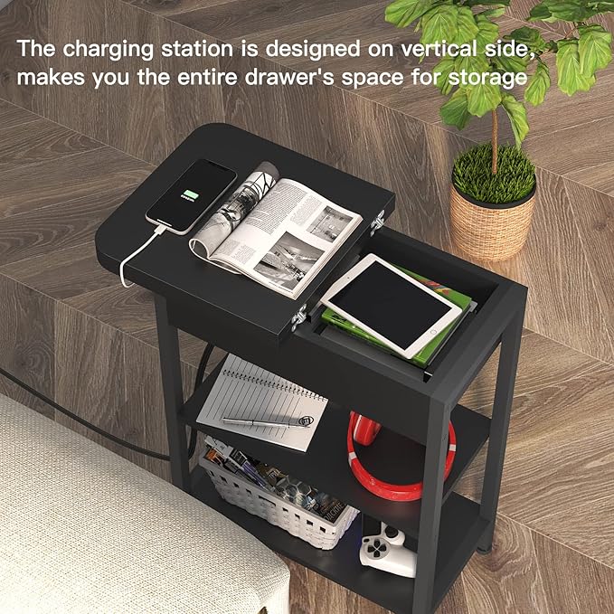 LIDYUK End Table with Charging Station, Set of 2 Flip Top Narrow Side Table for Small Spaces, Nightstands Set of 2 for Bedroom, End Tables Living Room with Storage Shelves, Black