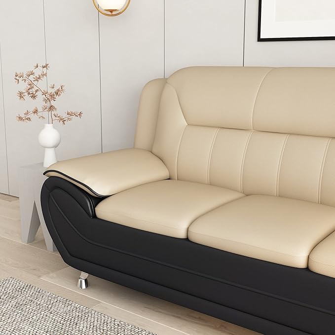 Container Furniture Direct Michael Modern Faux Leather Upholstered Stainless Steel Legs Living Room Sofa, Loveseat, Black Camel