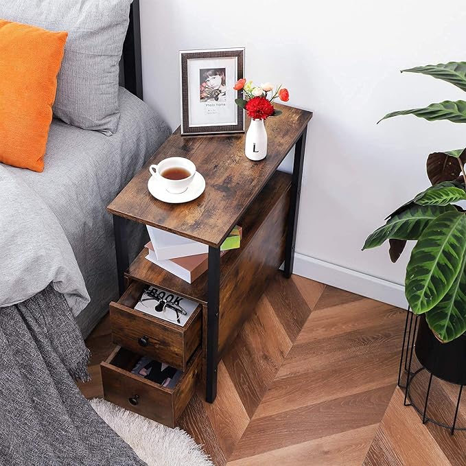 HOOBRO End Table, Narrow Chairside Table with Drawer and Open Storage Shelf, Nightstand for Small Spaces, Stable and Sturdy Construction, Wood Look Accent Furniture, Rustic Brown and Black BF548BZ01G2