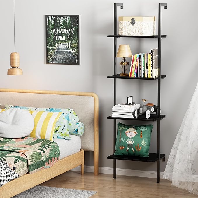 Ladder Shelf 4 Tiers Metal Industrial Bookshelf,Black Wooden Tall Open Storage Rack and Display Shelves,Wall Mount Wide Book Case for Home Office Bedroom,Small