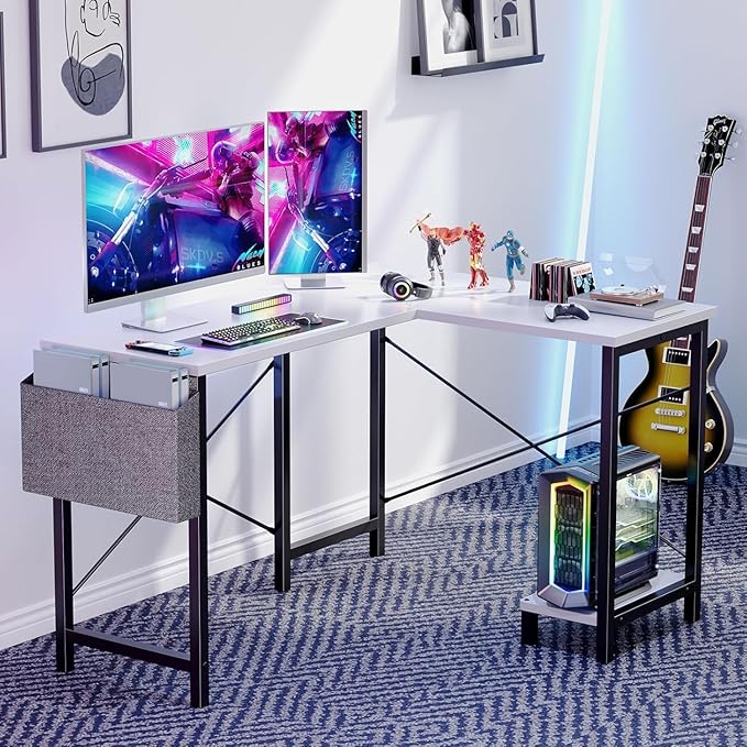 Whitmor L Shaped Gaming Desk - 50 Inch Reversible Corner Computer Desk with Wood Top, Metal Frame, CPU Stand & Side Bag, Home Office Dorm Sturdy Writing Workstation, White