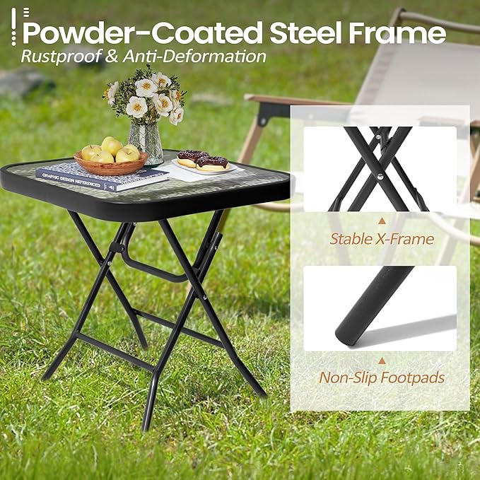 Foldable Outdoor Side Table with Tempered Glass Top Square 18" Folding Patio Side Table Small Glass End Tables for Patio Porch Yard Balcony Deck Lawn Dining Garden (Black)