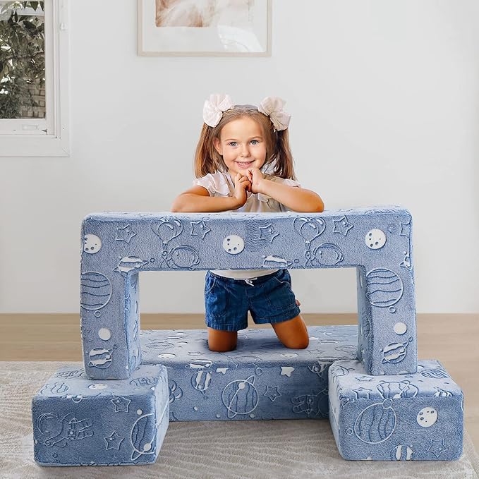 MeMoreCool Glow in The Dark Space Kids Modular Play Couch, Blue Fold-Out Foam Lounge Chair Sofa for Girls and Boys, Bedroom and Playroom