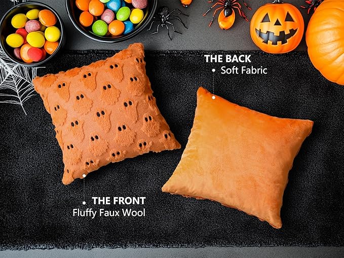 4TH Emotion Halloween Ghost Decorative Pillow Covers 18x18 Set of 2, Orange Soft Plush Faux Fur Farmhouse Throw Cushion Cases for Fall Autumn Holiday Home Decorations