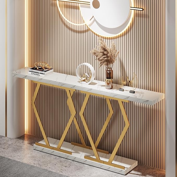 Tribesigns 70.9 Inch Extra Long Sofa Table， White and Gold Console Table with Faux Marble Tabletop, Modern Long Entryway Table with Gold Frame