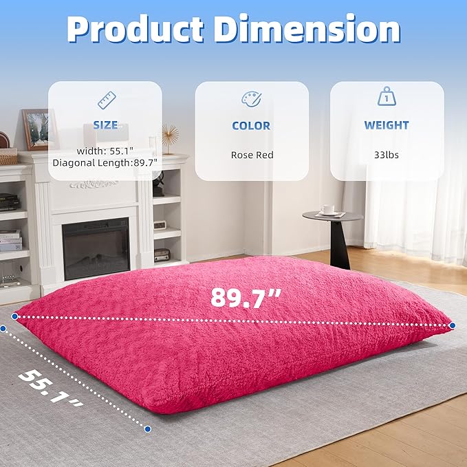 HABUTWAY 4 in 1 Bean Bag Chair, Giant Memory Foam Filling Bean Bag Sofa, Adult Bean Bag Chair, Machine Washable Faux Fur Cover, Bean Bag for Adult (Rose Red)