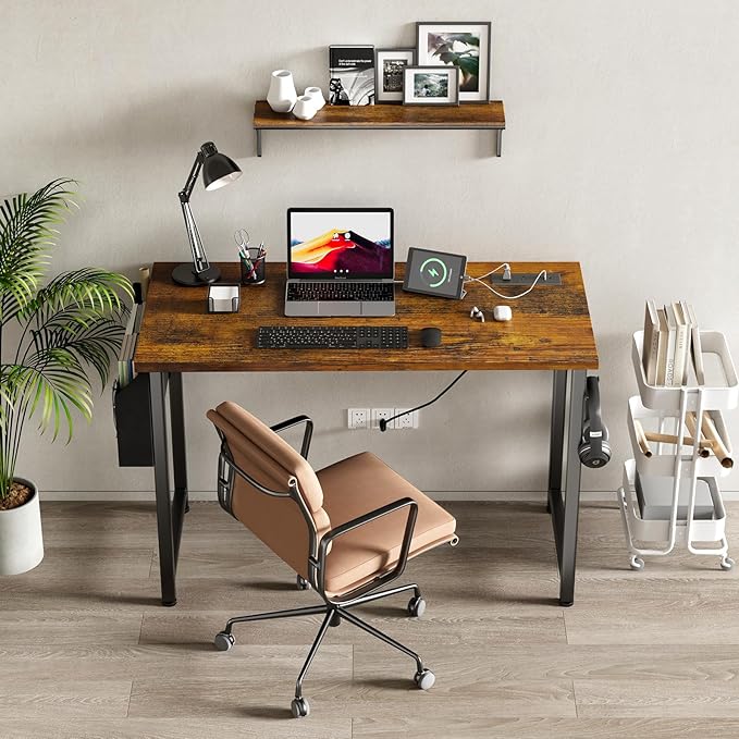 Lufeiya 40 inch Computer Desk with Power Outlet, 39 inch Teen Study Table Home Office Work Writing Desk with Charging Station Outlets Built in, Rustic Brown
