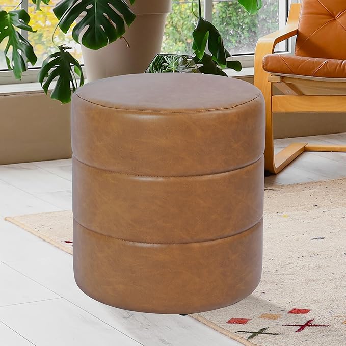 HomePop Upholstered Faux Leather Round Ottoman (No Lid, Seat Only) Home Décor | Round Pouf Foot Rest – Camel Brown Faux Leather