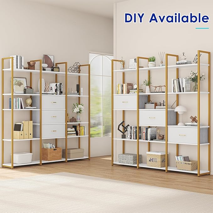 73.6" Tall Bookshelf with 3 Drawers and 16 Storage Shelves, Industrial Bookcase with 16 Open Display Shelves, Large Etagere Bookshelf, Triple Wide Book Shelf Book Case for Home & Office, Gold