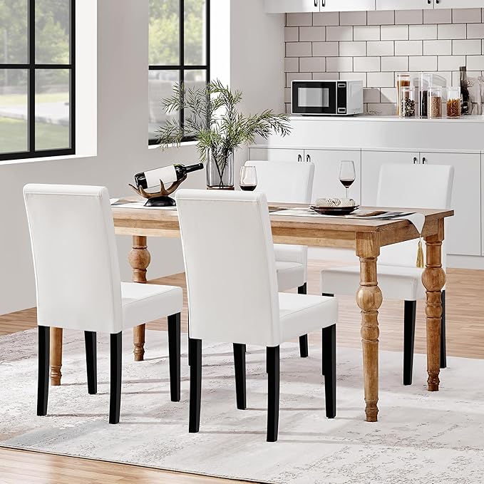 Yaheetech Dining Chairs Set of 4 PU Leather Upholstered Parsons Dining Chairs with Solid Wood Legs for Kitchen/Living Room/Restaurant, Modern Style, White