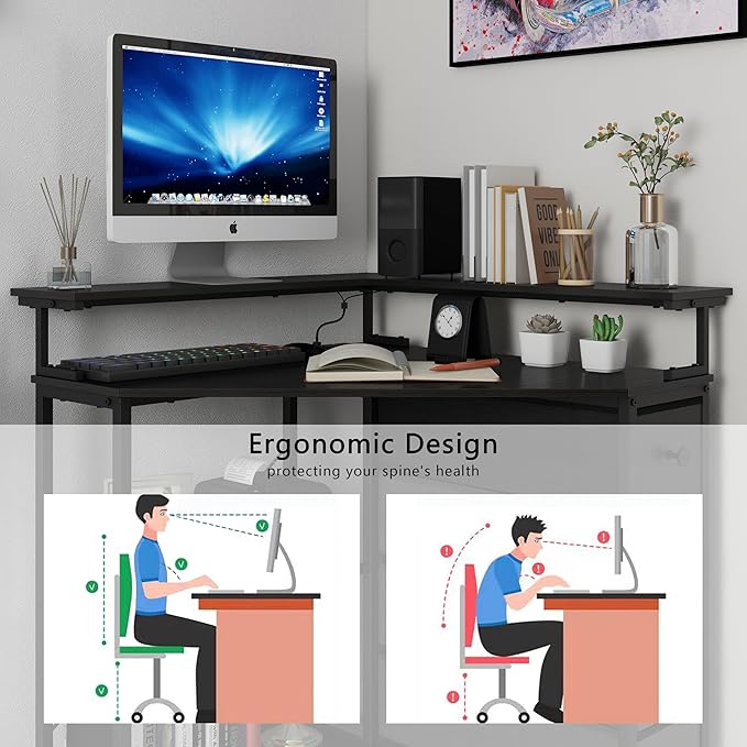 Corner Desk with Drawers Shelves for Small Space 90 Degrees Triangle Computer Desk with Power Outlets,Gaming Desk with LED Lights Monitor Stand for Home Office Workstation Writing Table (Black)