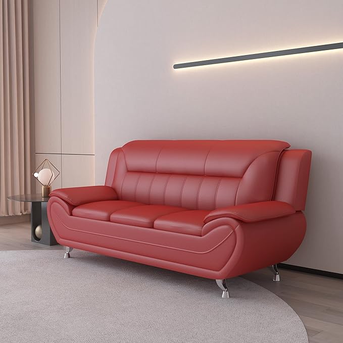 Container Furniture Direct Michael Modern Faux Leather Upholstered Stainless Steel Legs Living Room Sofa, Loveseat, Persian Red